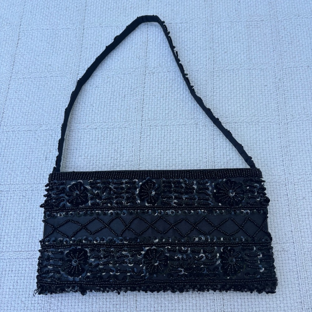 90's Y2K Black Beaded Sequin Embellished Mini Small Going Out Shoulder Bag - Picture 1 of 7